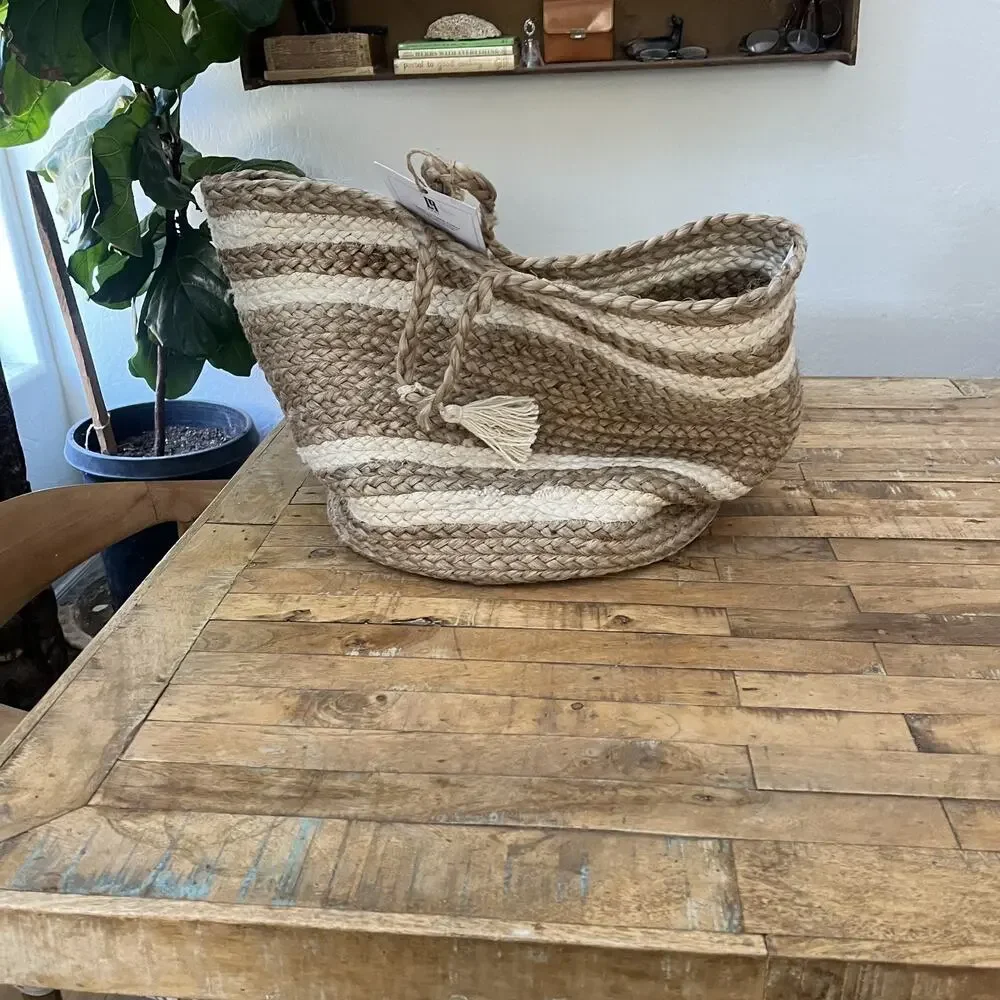 LR Home Natural Beige Jute Striped Storage Decorative Basket